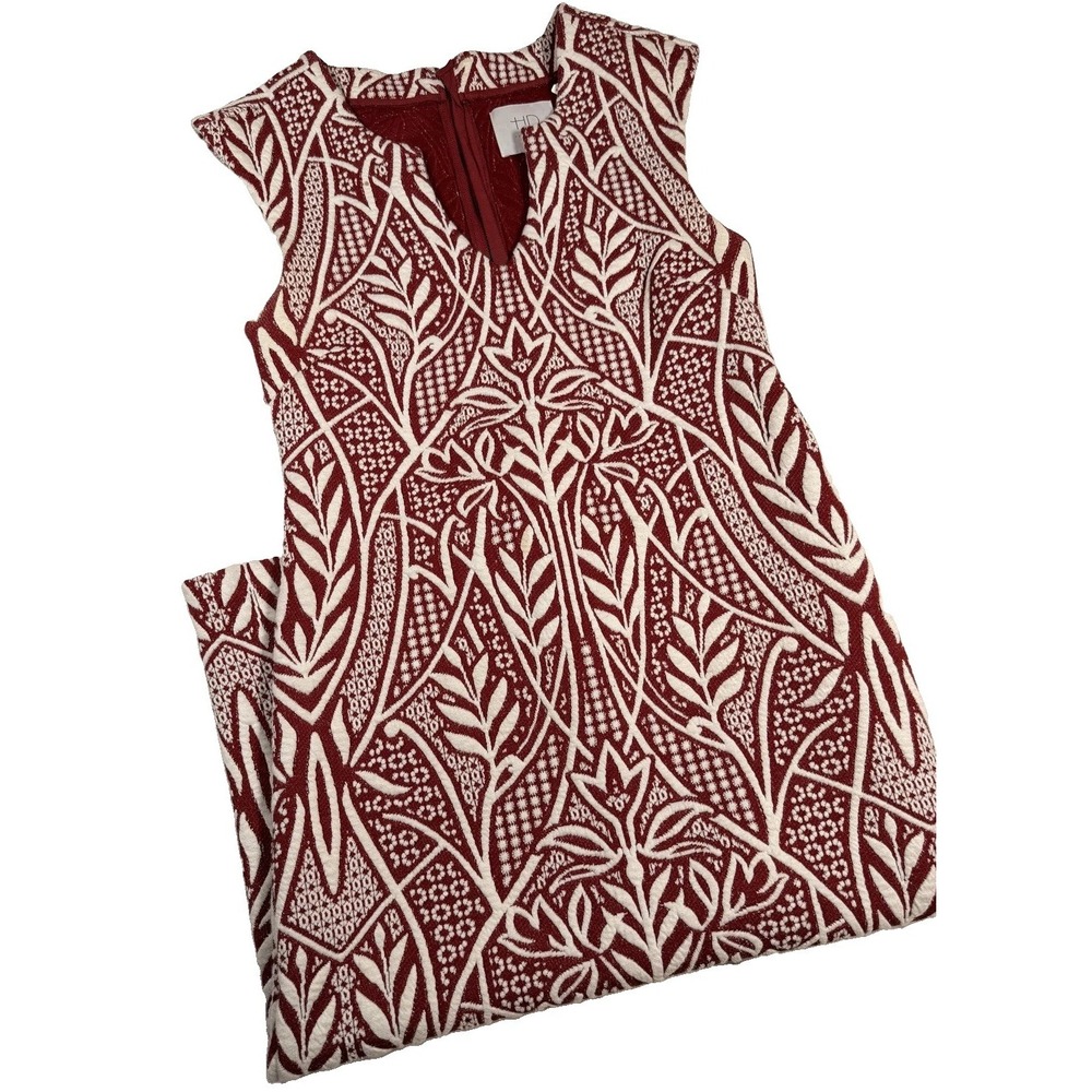 HD In Paris Dress Womens M Red Floral Jacquard V Neck Cap Sleeve Sheath Midi
